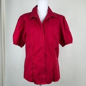 Chico's Red Sateen No Iron Puff Sleeves Button Front Shirt Top Blouse Sz 3 (XL)